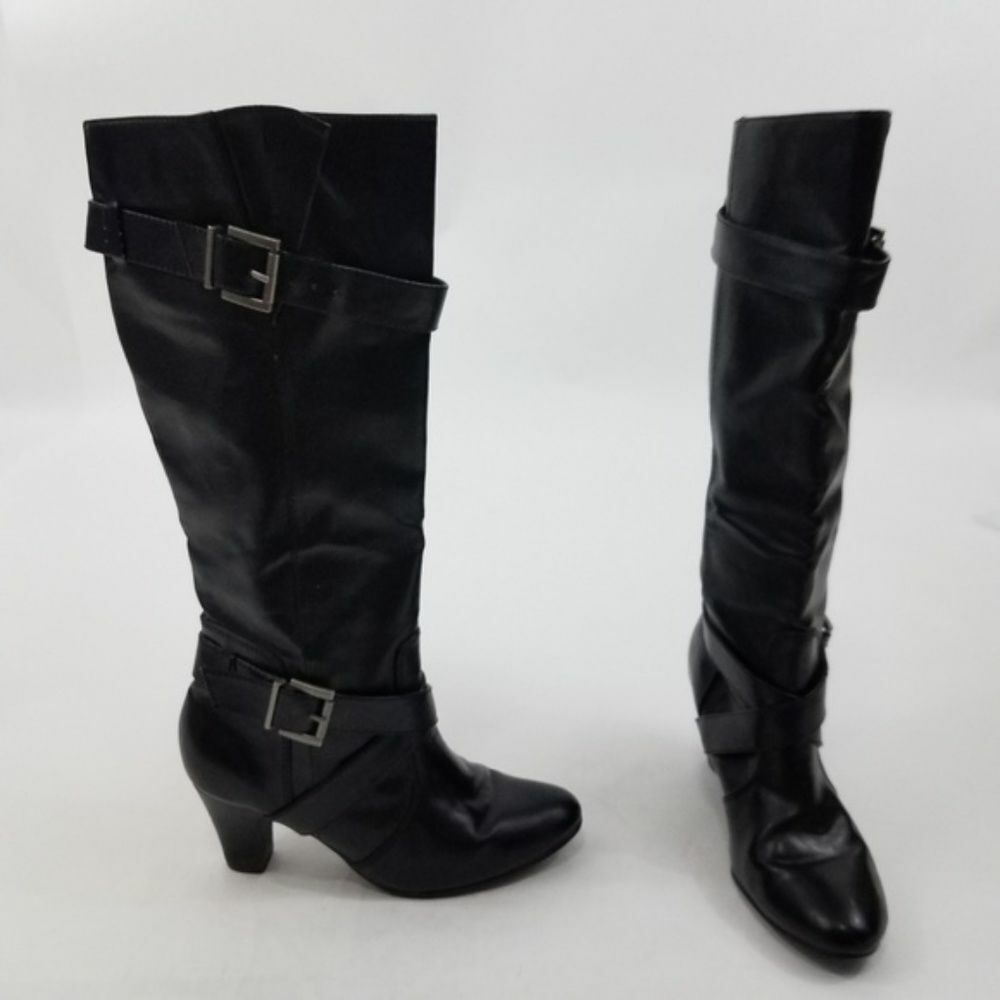 Victoria Spenser Boots 6.5 Mini Sc Faux Leather Buckle Heel Black Vegan